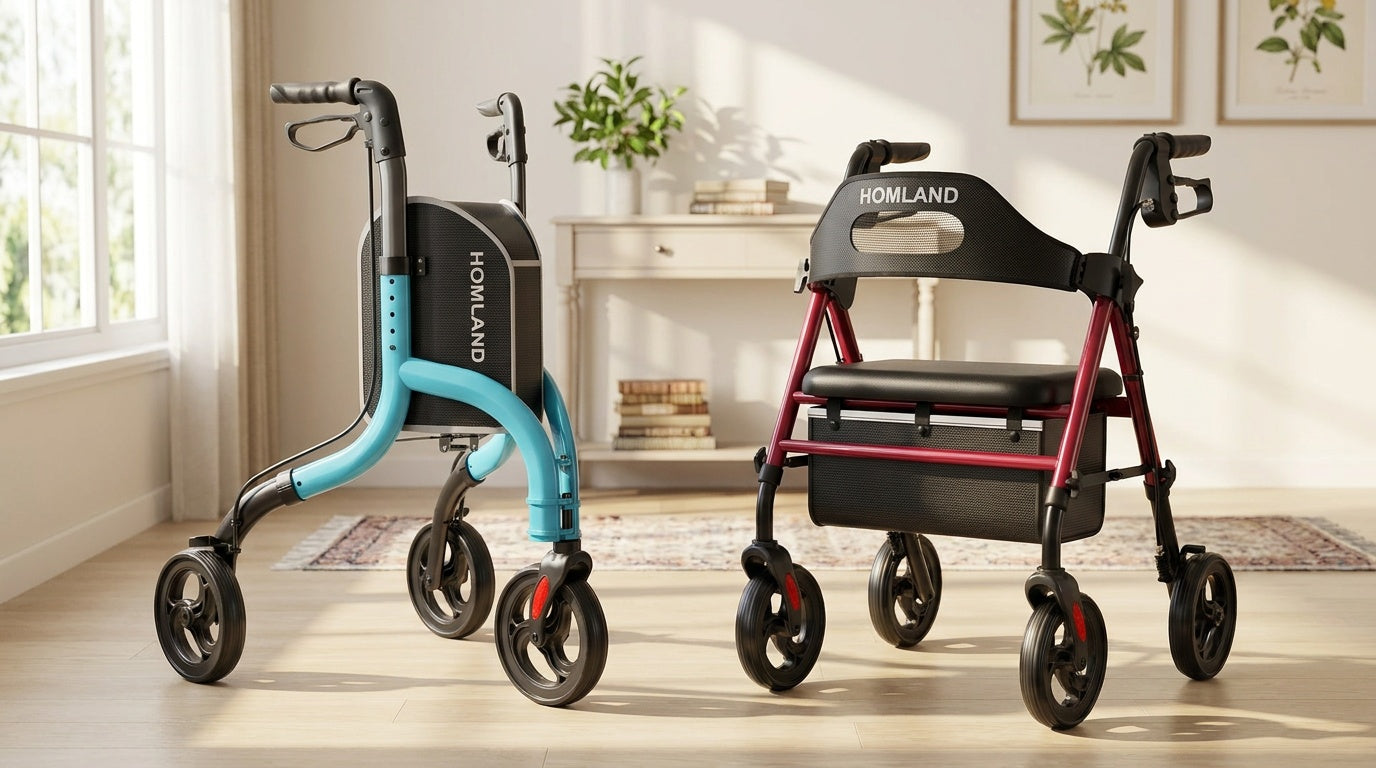 3-wheel walker next to a 4-wheel rollator with seat — comparing rolling walker types for senior mobility and aging in place
