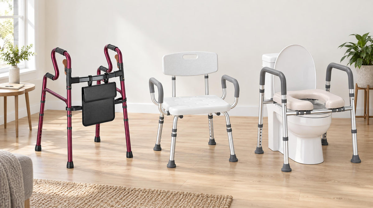 Folding walker, shower chair and raised toilet seat staged in a bright home - getting your home ready for aging in place