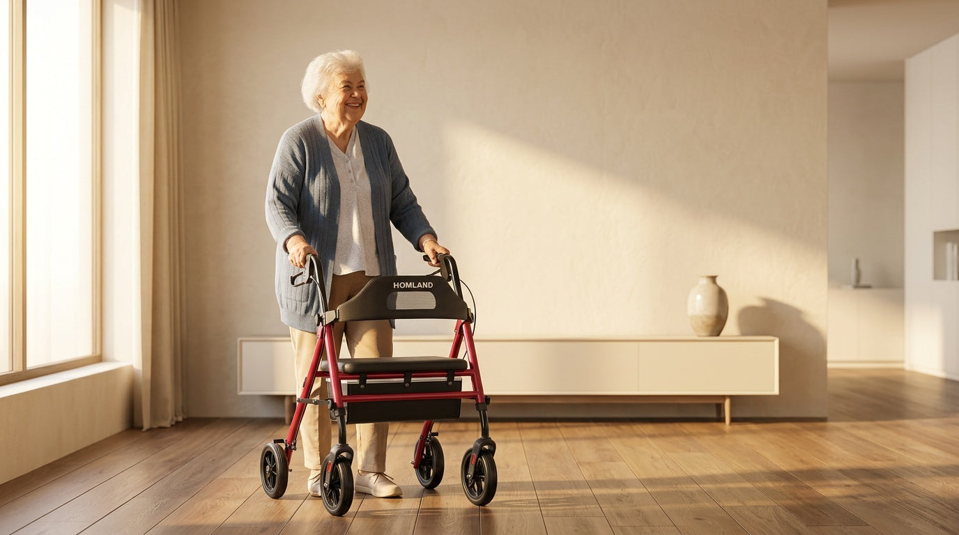 Senior woman smiling while walking with a HOMLAND rollator walker in a sunlit living room for independent mobility