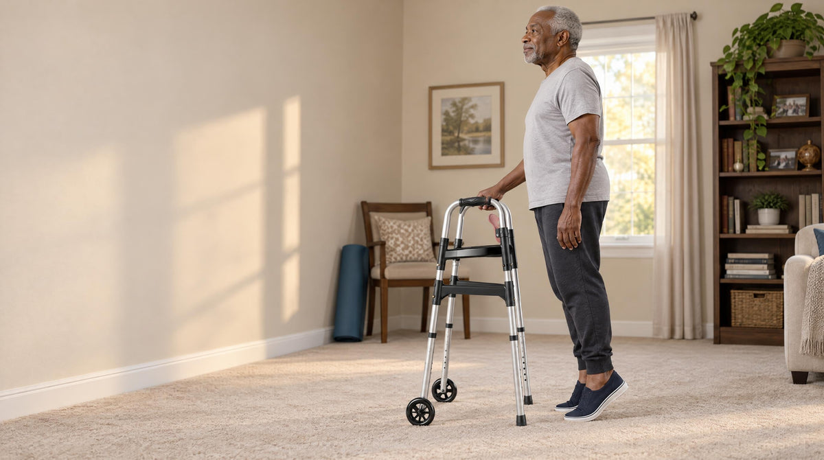 Senior man doing a heel-raise with one hand on a folding walker for support - balance exercises to reduce fall risk