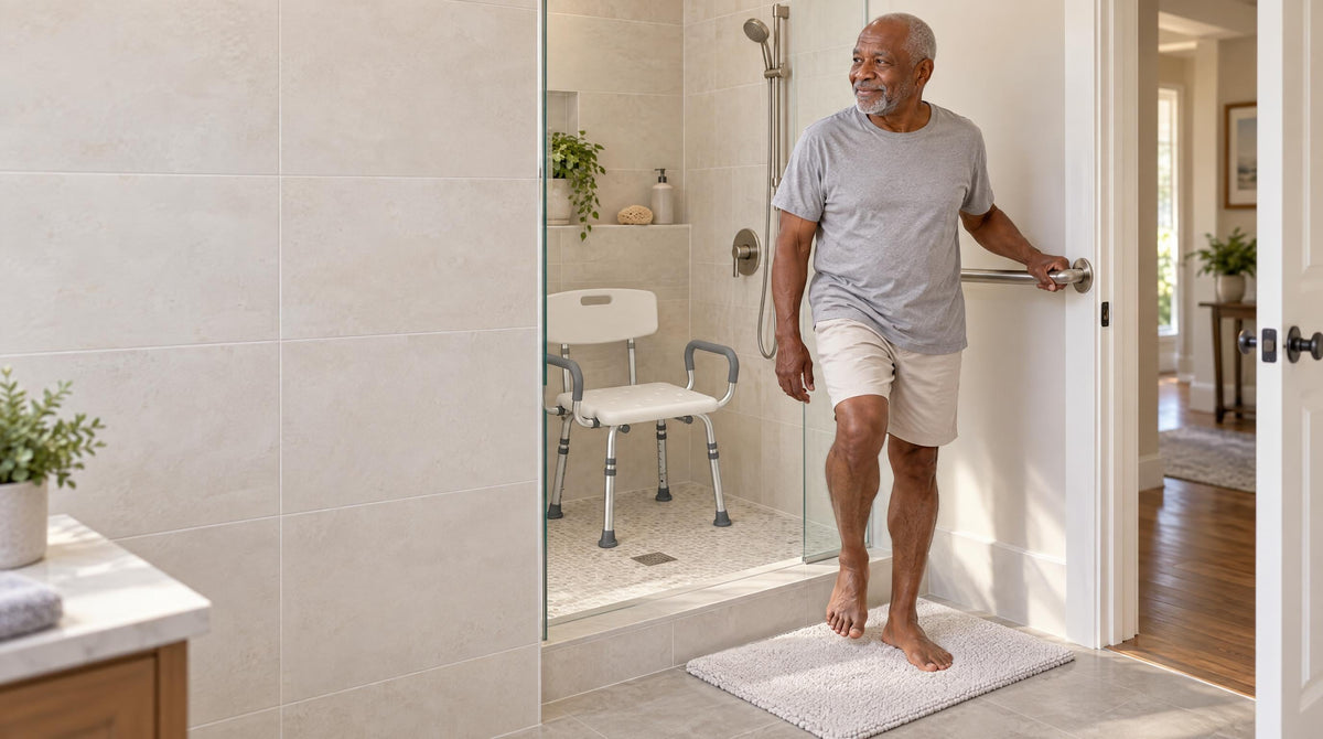 Senior man holding a wall grab bar at the shower entrance with a shower chair inside - where to install bathroom grab bars