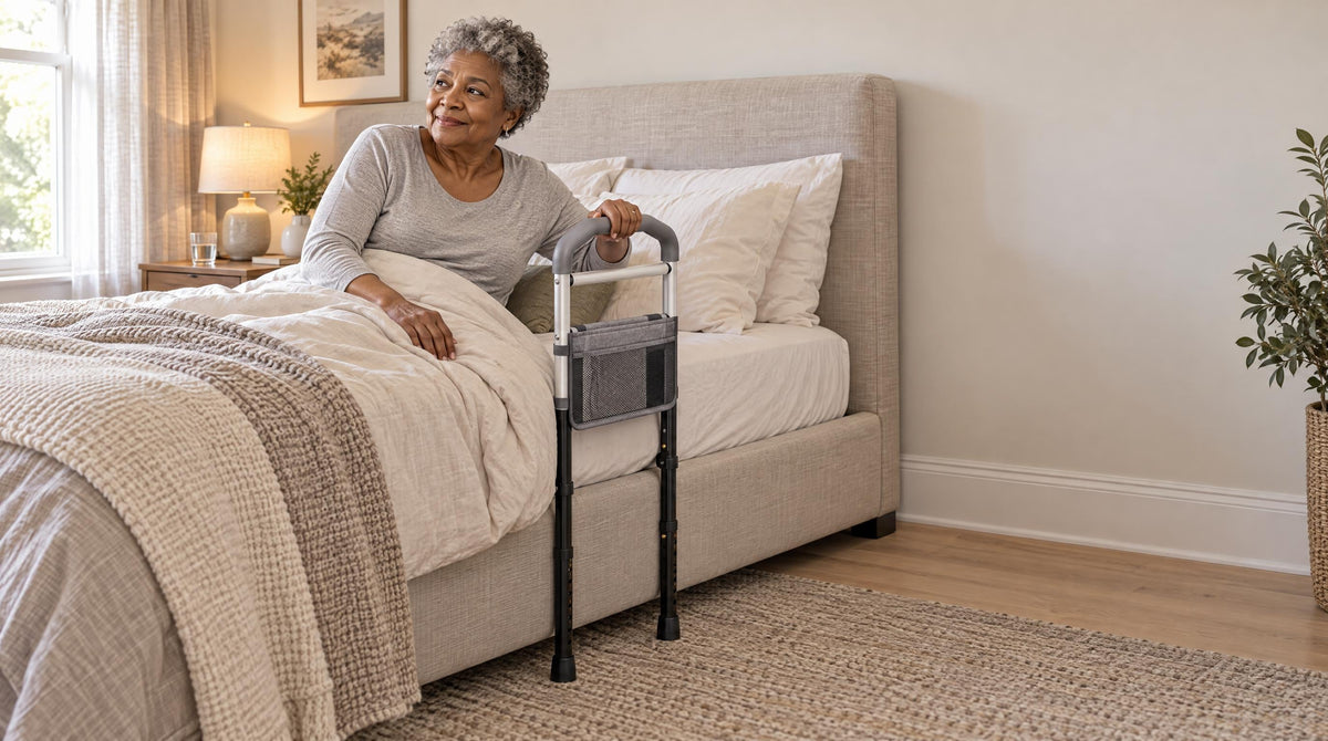 Senior woman half-reclined in bed using a bed rail to sit up - nighttime safety and fall prevention for seniors