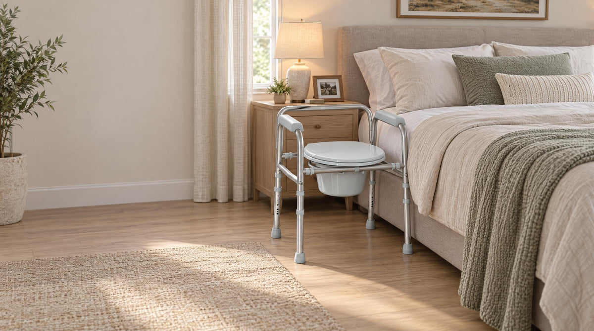 3-in-1 bedside commode with lid closed beside the long side of a bed - when to use a bedside commode for the elderly