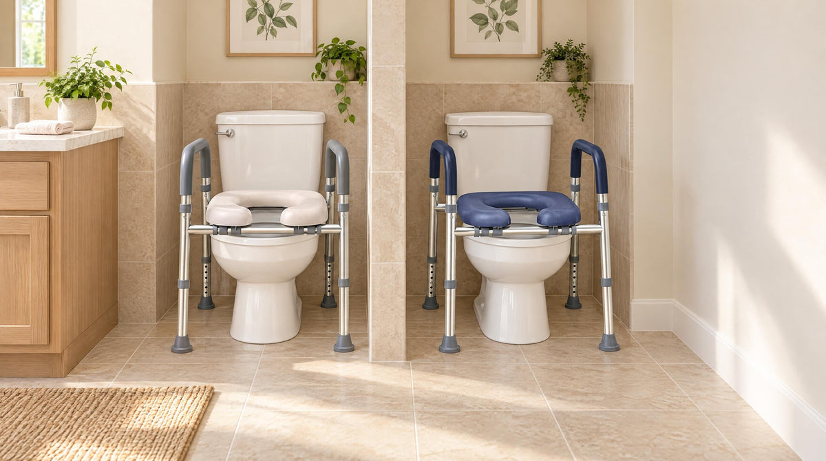 Two raised toilet seats compared side by side, one with grey arms and one with navy padded handles - best raised toilet seats