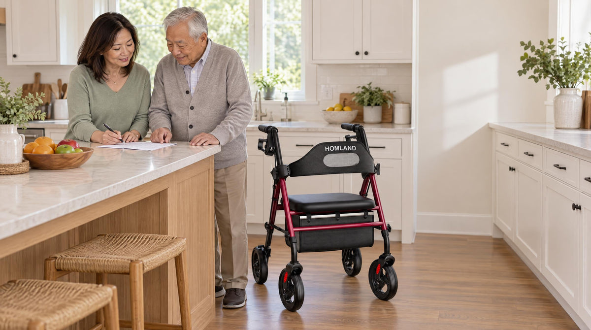 Adult daughter and elderly father reviewing a care plan together, HOMLAND rollator nearby - caregiver support at home