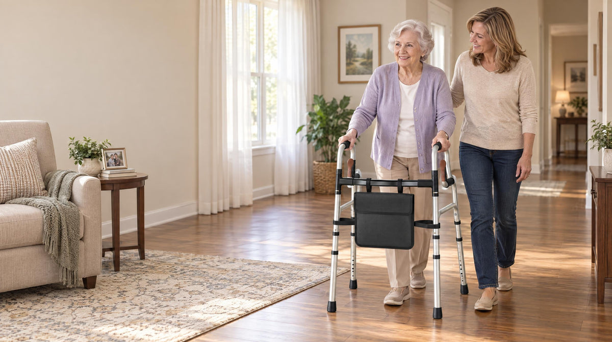 Elderly mother walking with a folding walker through a calm living room, daughter alongside - dementia caregiving at home