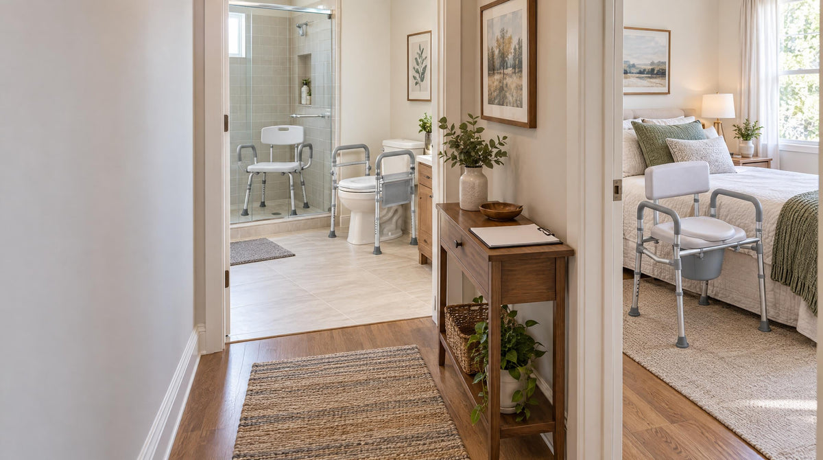 Hallway view into a bathroom with a shower chair and toilet frame and a bedroom with a bedside commode - home care equipment