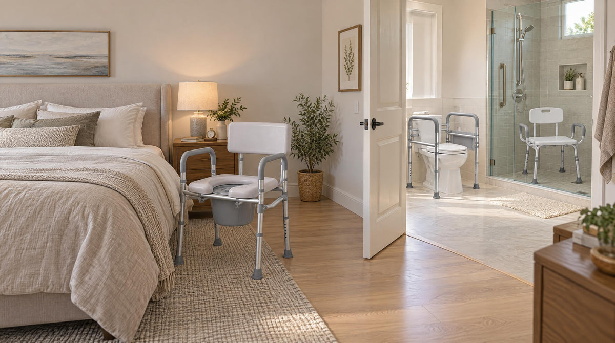 Bedside commode, shower chair and toilet safety frame placed room by room for senior fall prevention at home