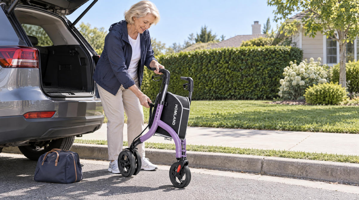 Senior woman folding a HOMLAND three-wheel rollator beside an open car boot - lightweight folding walkers for travel