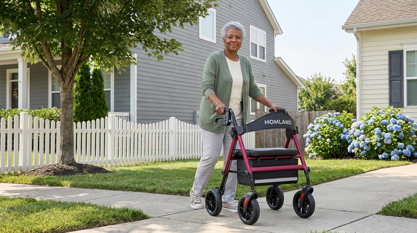 Senior woman with a heavy-duty rollator walker on a suburban sidewalk — outdoor mobility support for aging in place