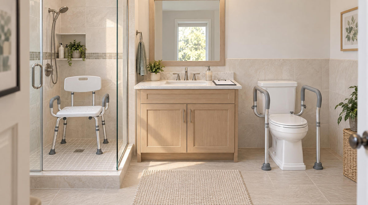Bathroom seen from the doorway with a shower chair and seat-mounted toilet rail in place - home safety assessment for seniors
