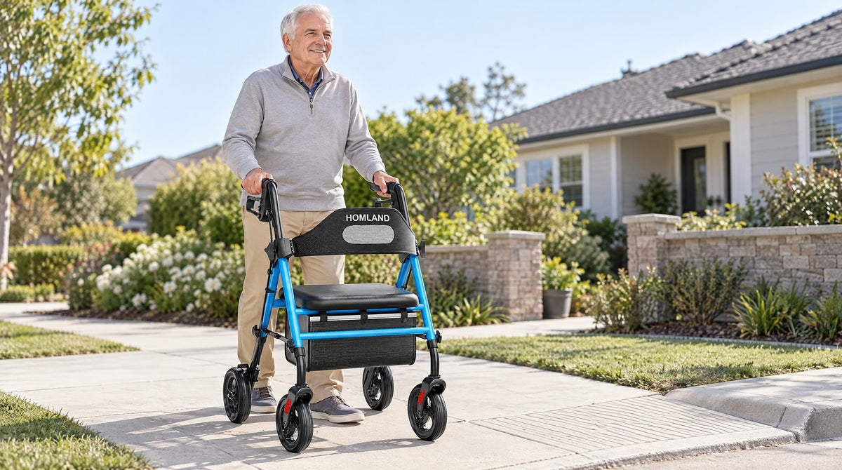 Senior man standing inside a HOMLAND rollator frame with both hands on the handles - how to use a rollator walker safely