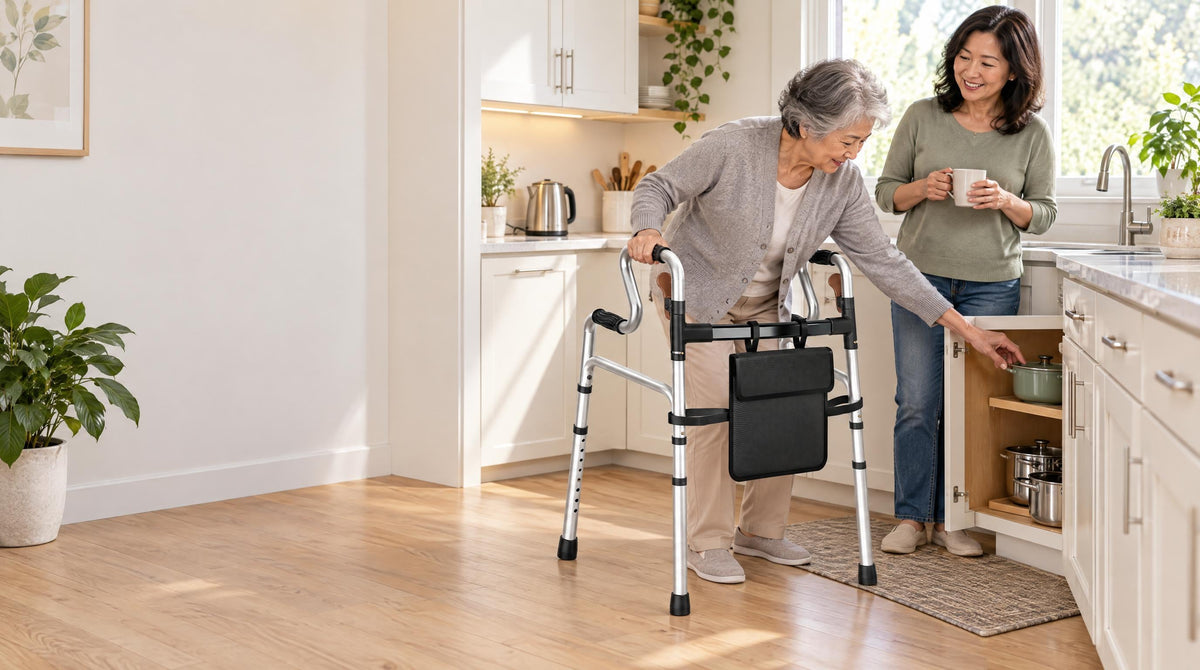 Senior woman reaching into a low cabinet with one hand on a folding walker as her daughter looks on - kitchen safety