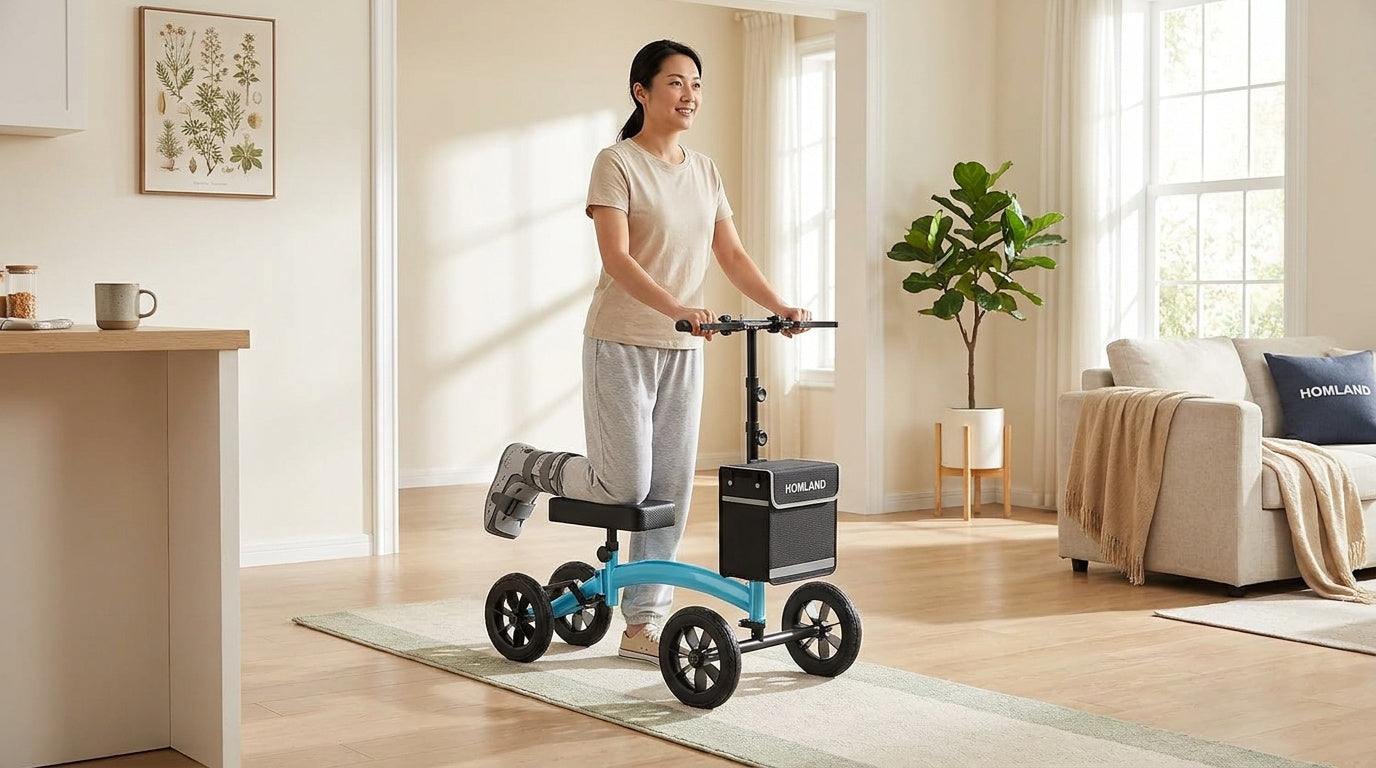 Woman using a knee scooter at home with a soft boot on her injured foot — post-surgery recovery and independent mobility