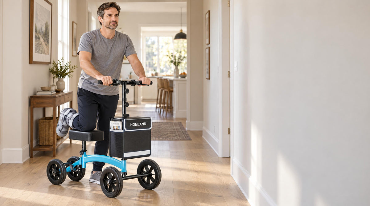 Man with a walking boot using a HOMLAND knee scooter in a home hallway - post-surgery recovery and safe indoor mobility