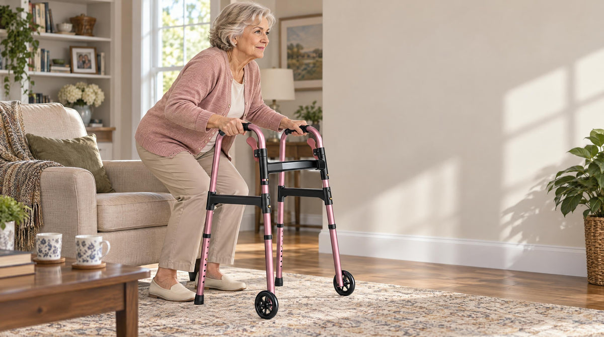 Senior woman caught mid-rise from an armchair, both hands on a folding walker - leg strengthening exercises to prevent falls