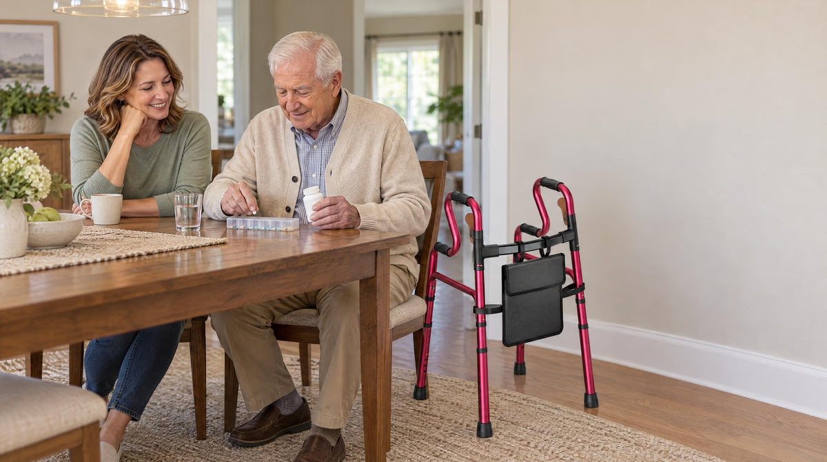 Elderly father sorting tablets into a weekly organiser, daughter beside him, walker in reach - medication management