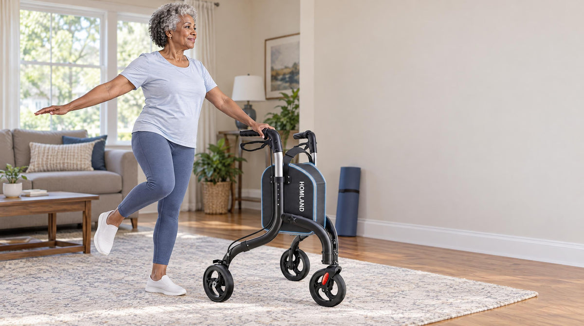 Senior woman in a single-leg balance pose, one hand on a HOMLAND three-wheel rollator - osteoporosis prevention exercises