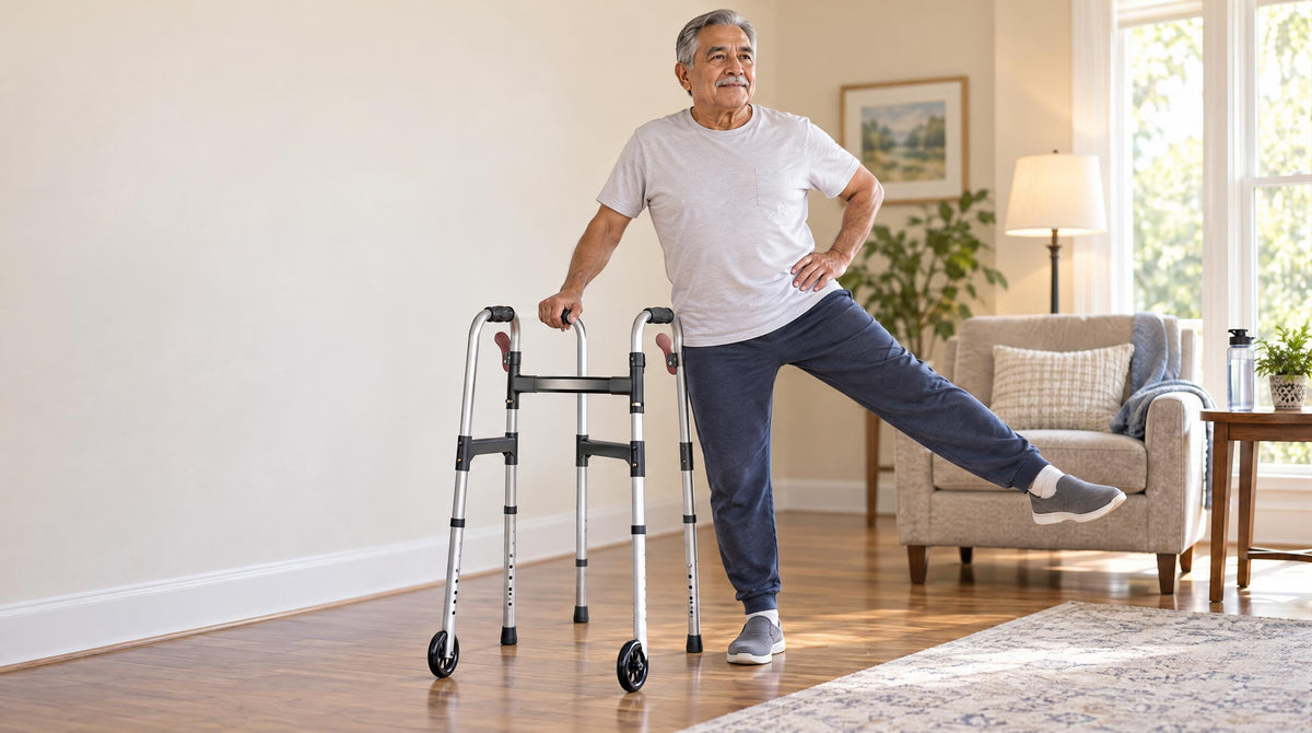 Senior man doing a standing side leg-raise with one hand on a folding walker for balance - at-home physical therapy exercises