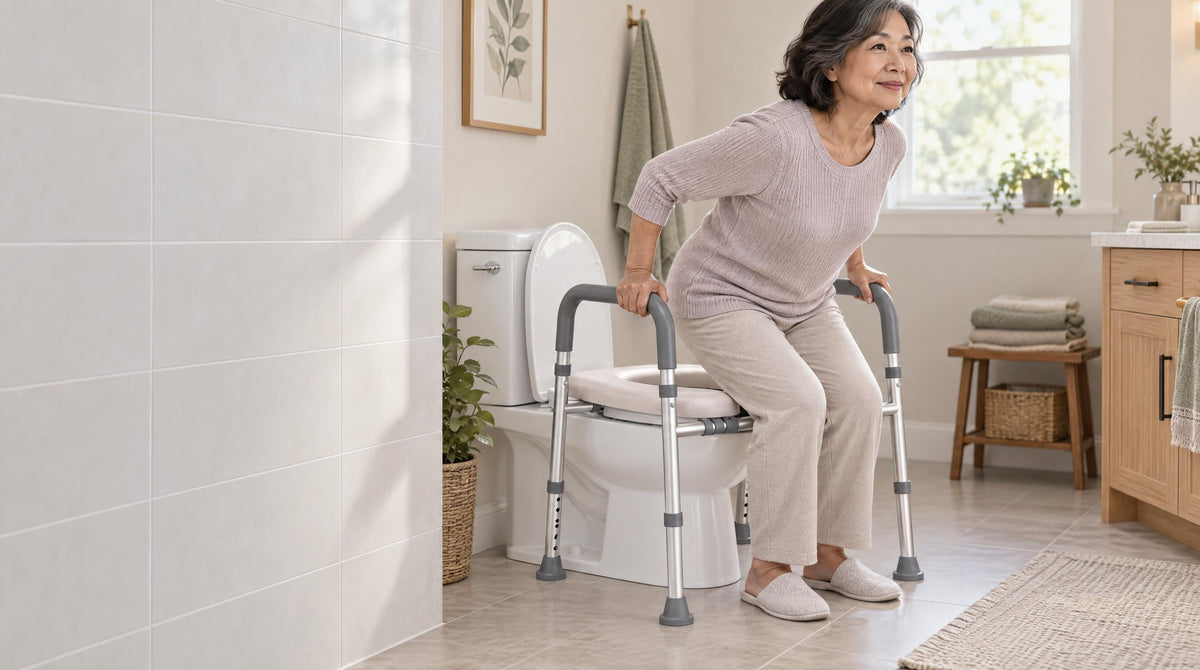 Woman standing up from a raised toilet seat using both grab arms during post-surgery recovery - safer healing at home