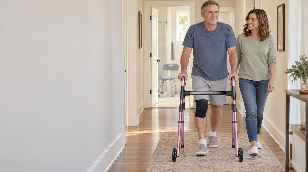 Man in a knee brace walking with a folding walker beside his partner, shower chair through the door - knee surgery recovery