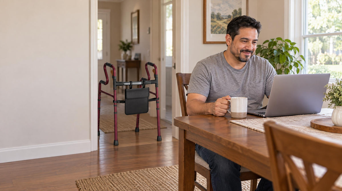 Adult son on a laptop video call with a folding walker parked by the doorway - respite care for family caregivers