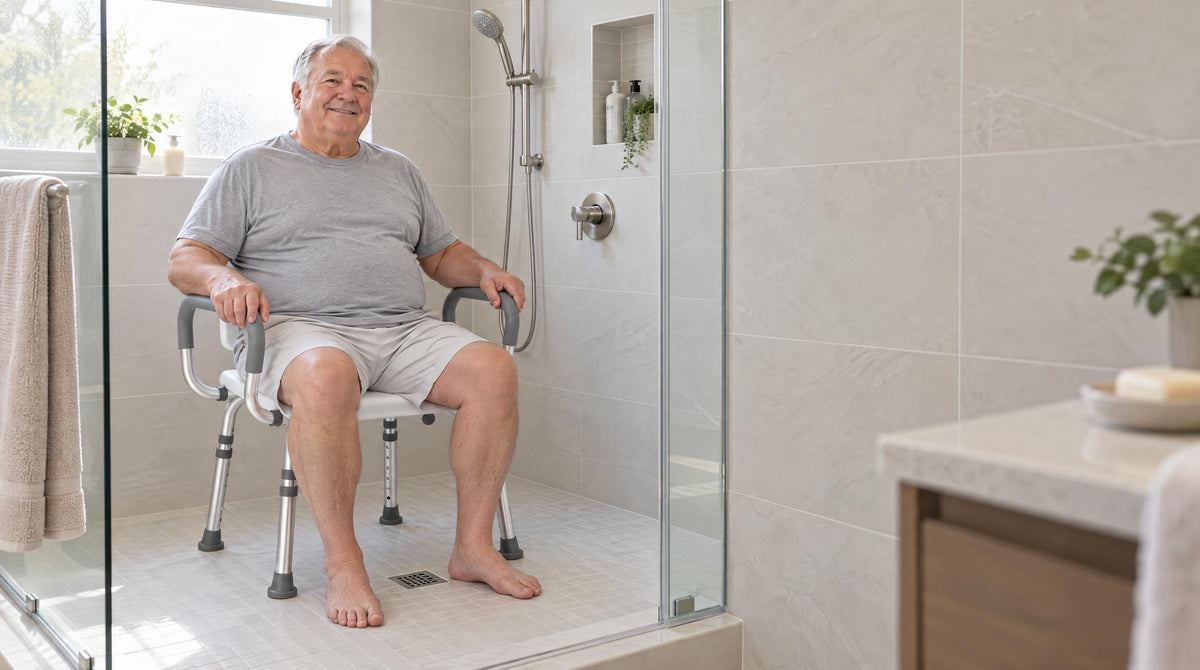 Larger senior man seated on a heavy-duty shower chair with grab arms in a walk-in shower - shower chair safety features
