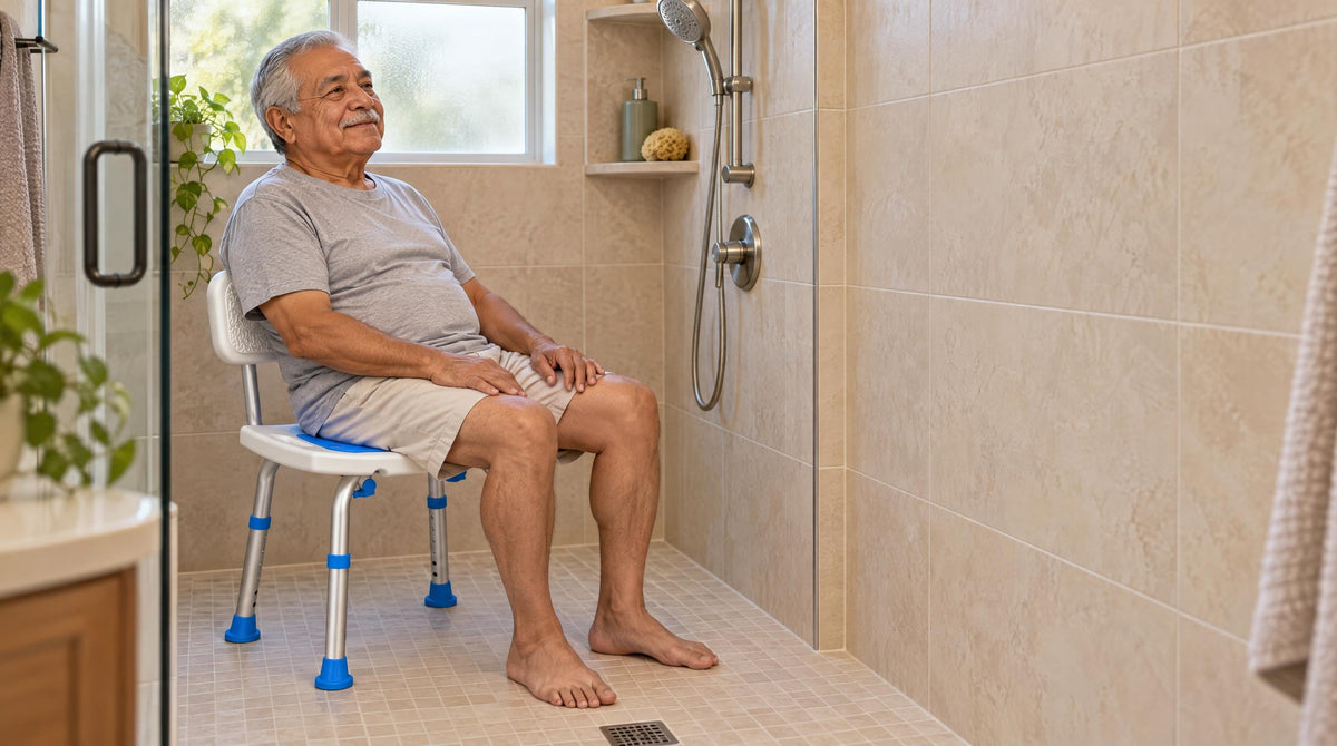 Senior man leaning back against a shower chair backrest in a compact shower - when you need the extra back support