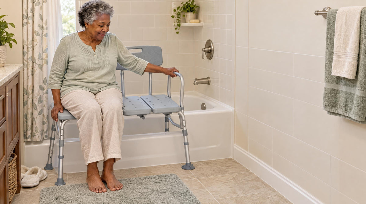 Senior woman seated on a tub transfer bench outside the tub, hand on the grab arm - how shower transfer benches work