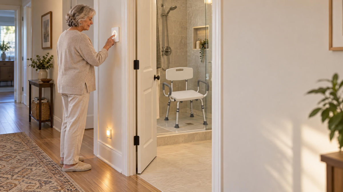 Senior woman using a wall smart light panel with a shower chair visible through the bathroom door - smart home for seniors