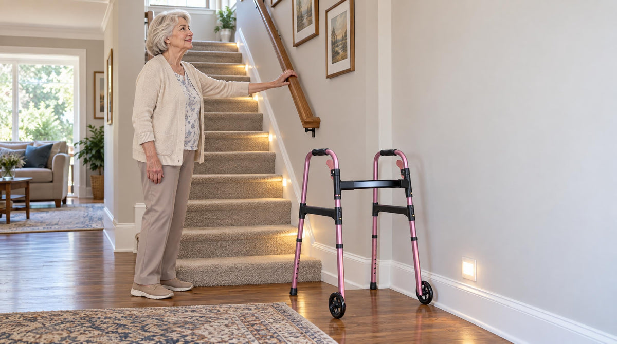 Senior woman holding a stair handrail at the foot of the stairs, folding walker parked nearby - stair safety for seniors