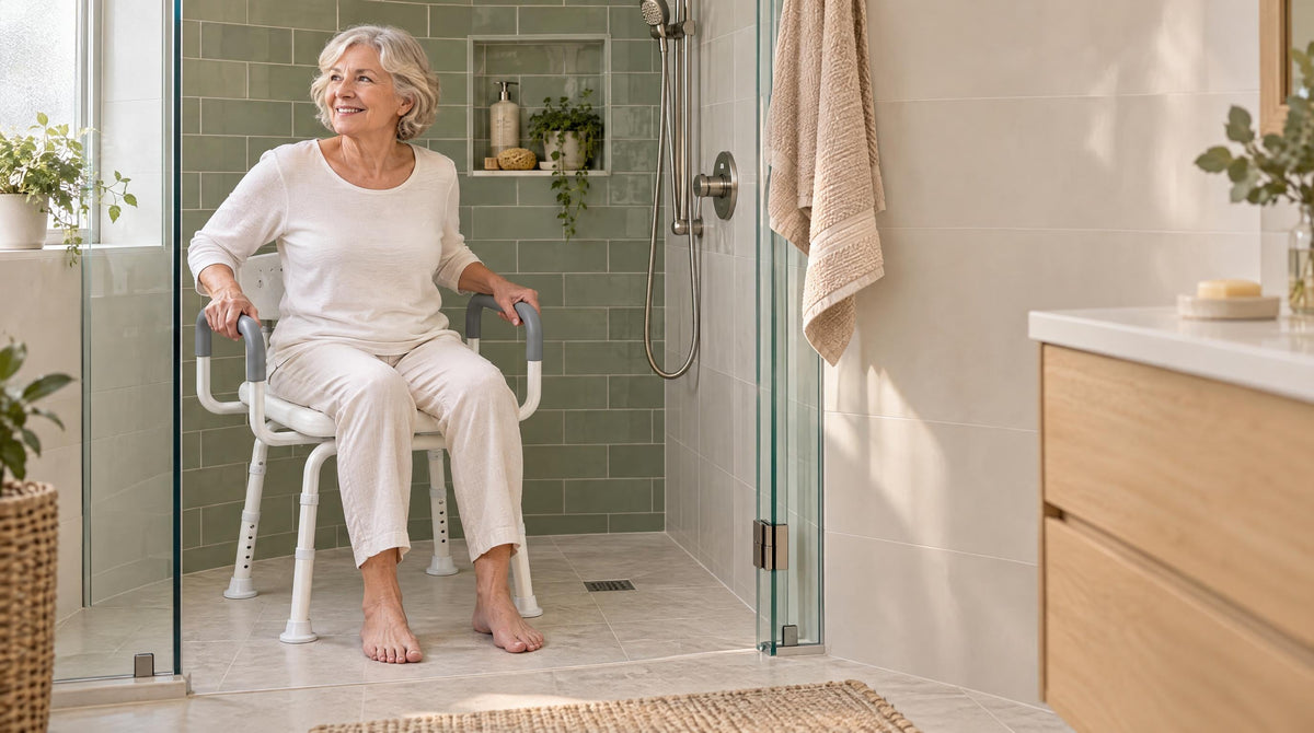 Senior woman seated on a swivel shower chair in a walk-in shower, seat rotated for safer transfer and bathroom safety