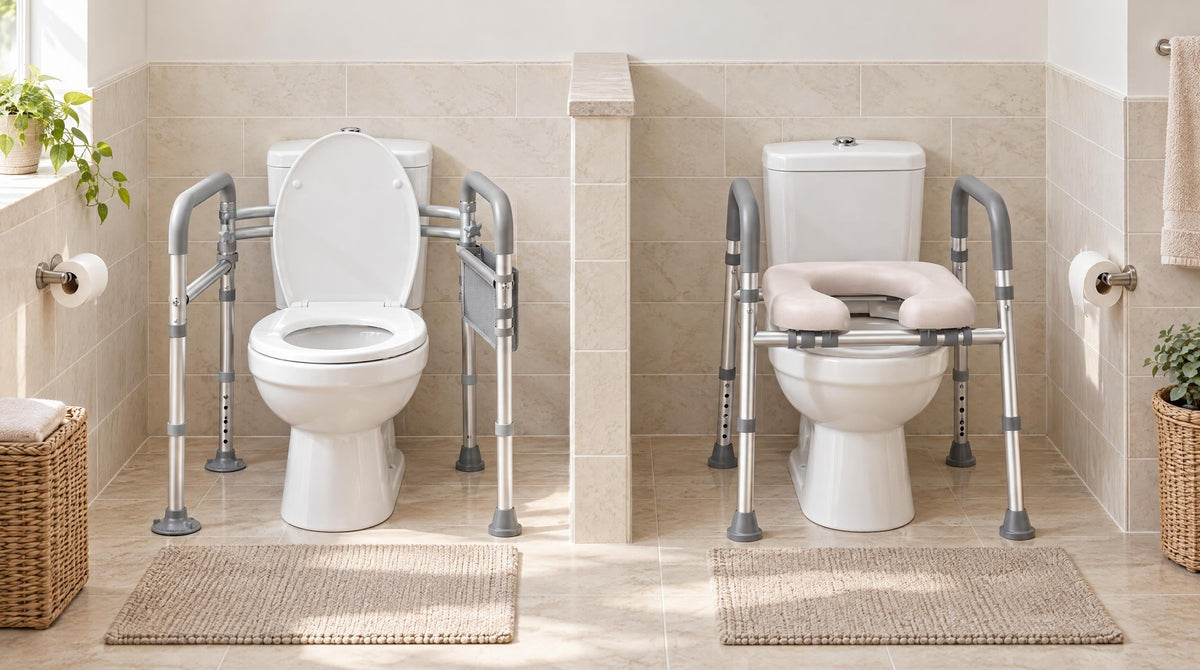 Toilet safety frame beside a raised toilet seat with arms, each on its own toilet - which bathroom aid is right for you