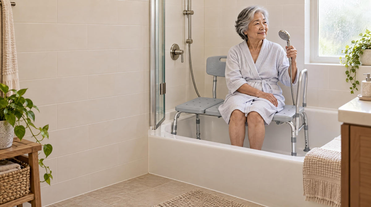 Senior woman seated on a tub transfer bench inside the bathtub holding a handheld shower - safer bathtub entry for seniors