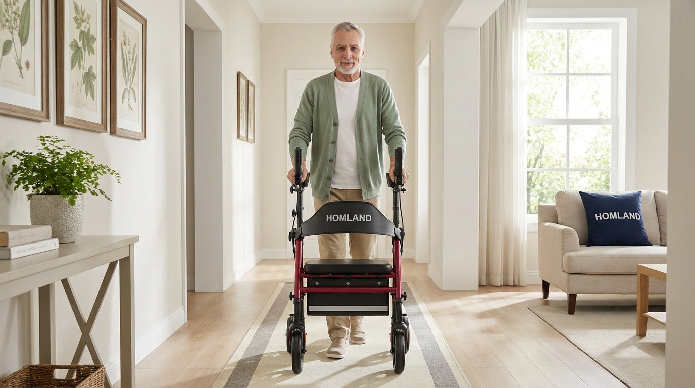 Senior man with an upright walker, forearms on padded supports, in a sunlit hallway — posture support for aging in place