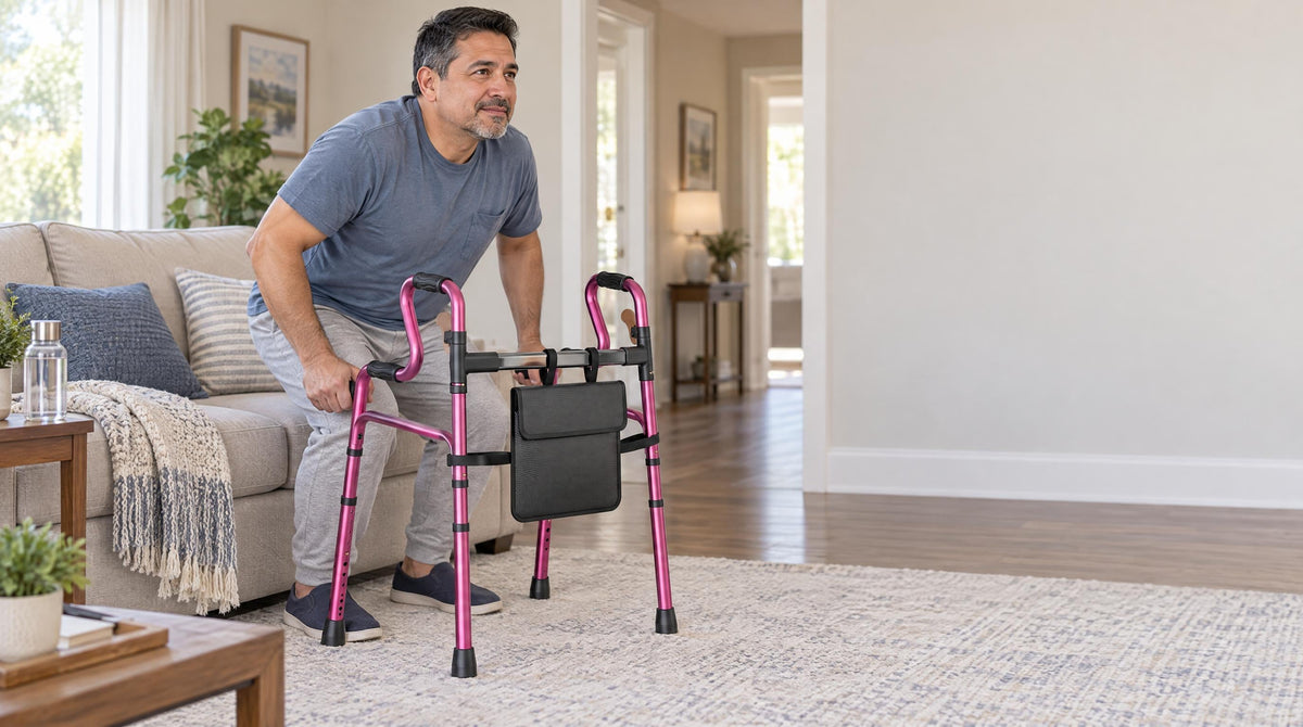 Man rising from the sofa with his hands on a dual-grip folding walker after hip replacement - which walking aids to use