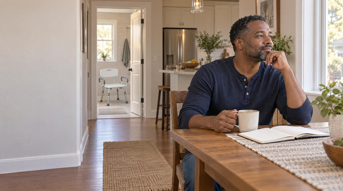 Adult son at the kitchen table with a shower chair visible through the bathroom door - what a home health aide does