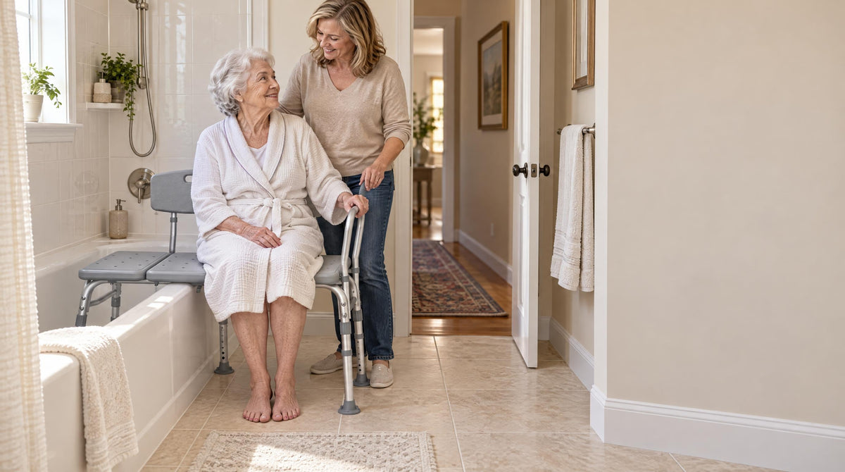 Mother seated on a tub transfer bench across the bathtub rim as her daughter steadies it - a guide for caregivers