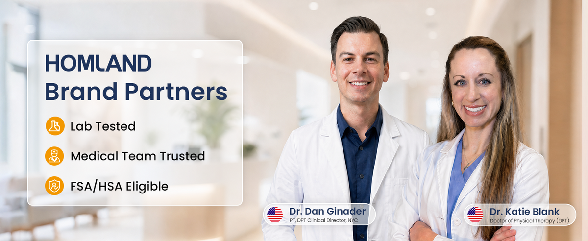HOMLAND brand partners Dr. Dan Ginader and Dr. Katie Blank, US physical therapists recommending senior care products