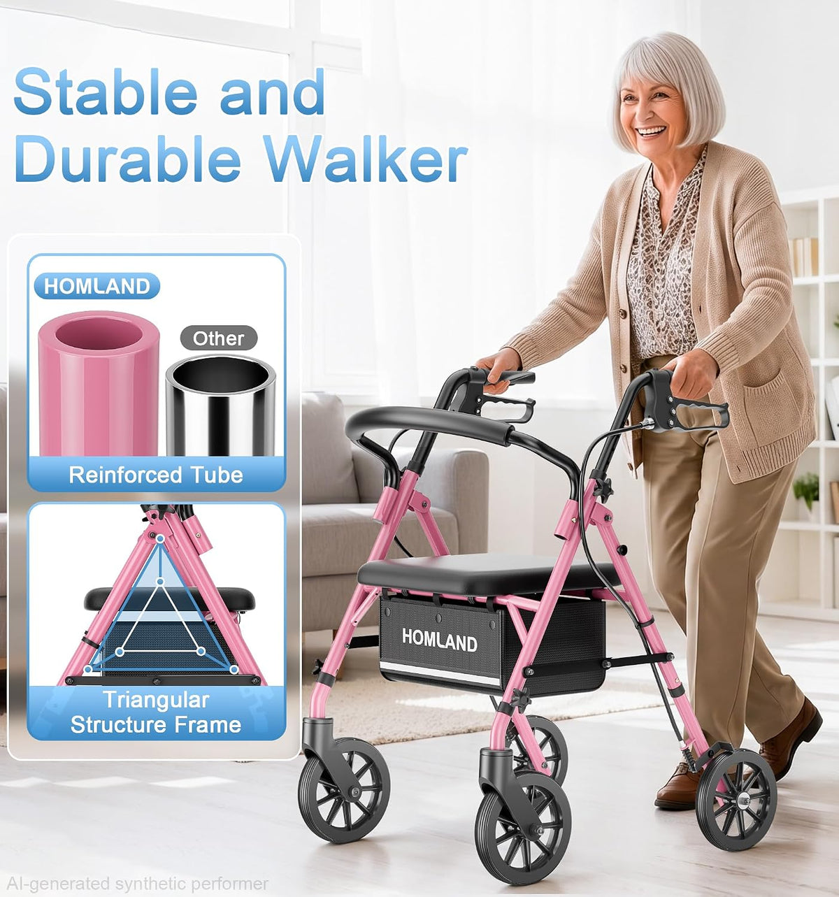 R16 Classic Rollator Walker with Seat #Color_Pink