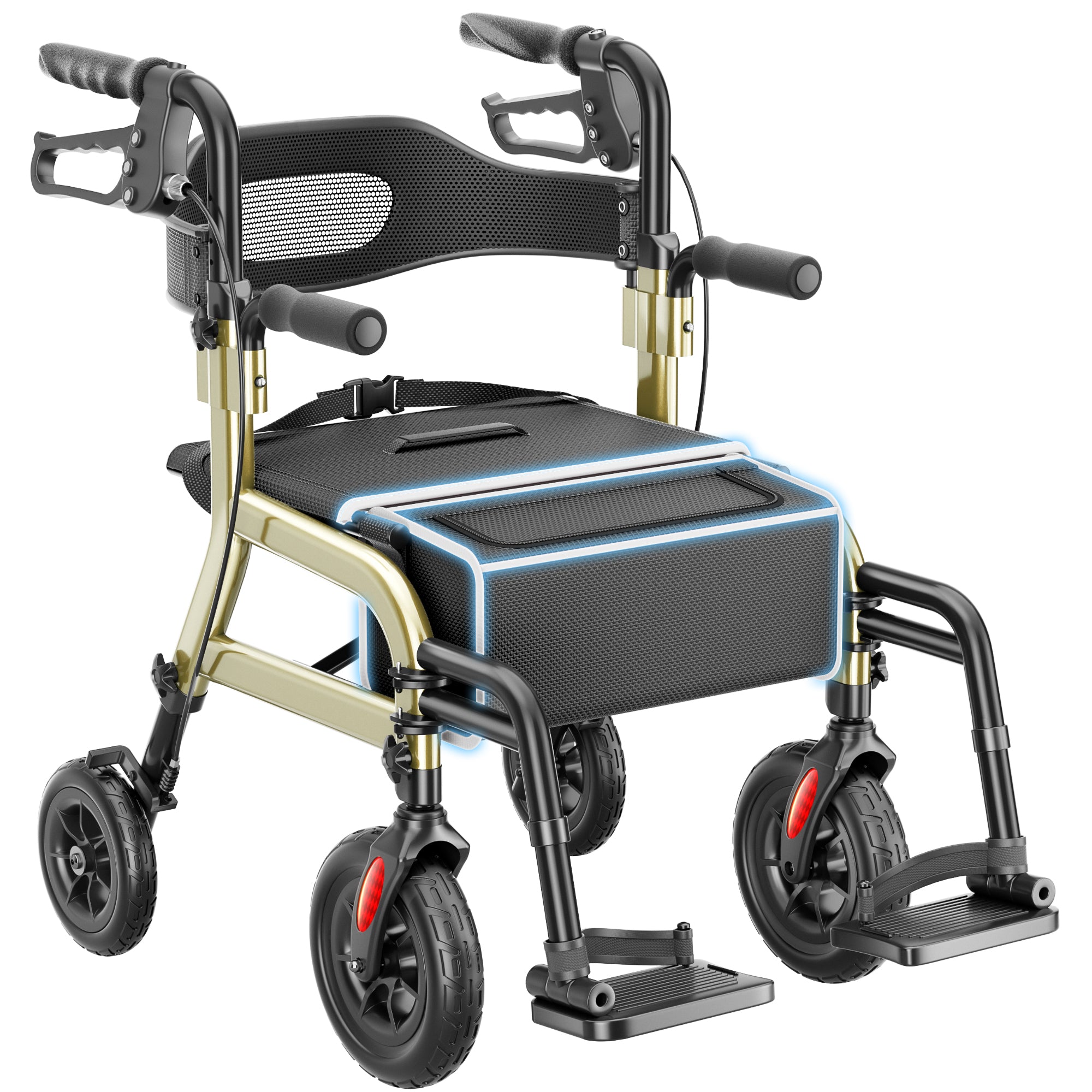 R12 HOMLAND Walkers for Seniors with Seat, Foldable 2 in 1 Rollator Walker Wheelchair Combo, 10" All Terrain Transport Chair with Brakes, Adjustable Seat & Handles, 350lb Capacity, Storage Bag