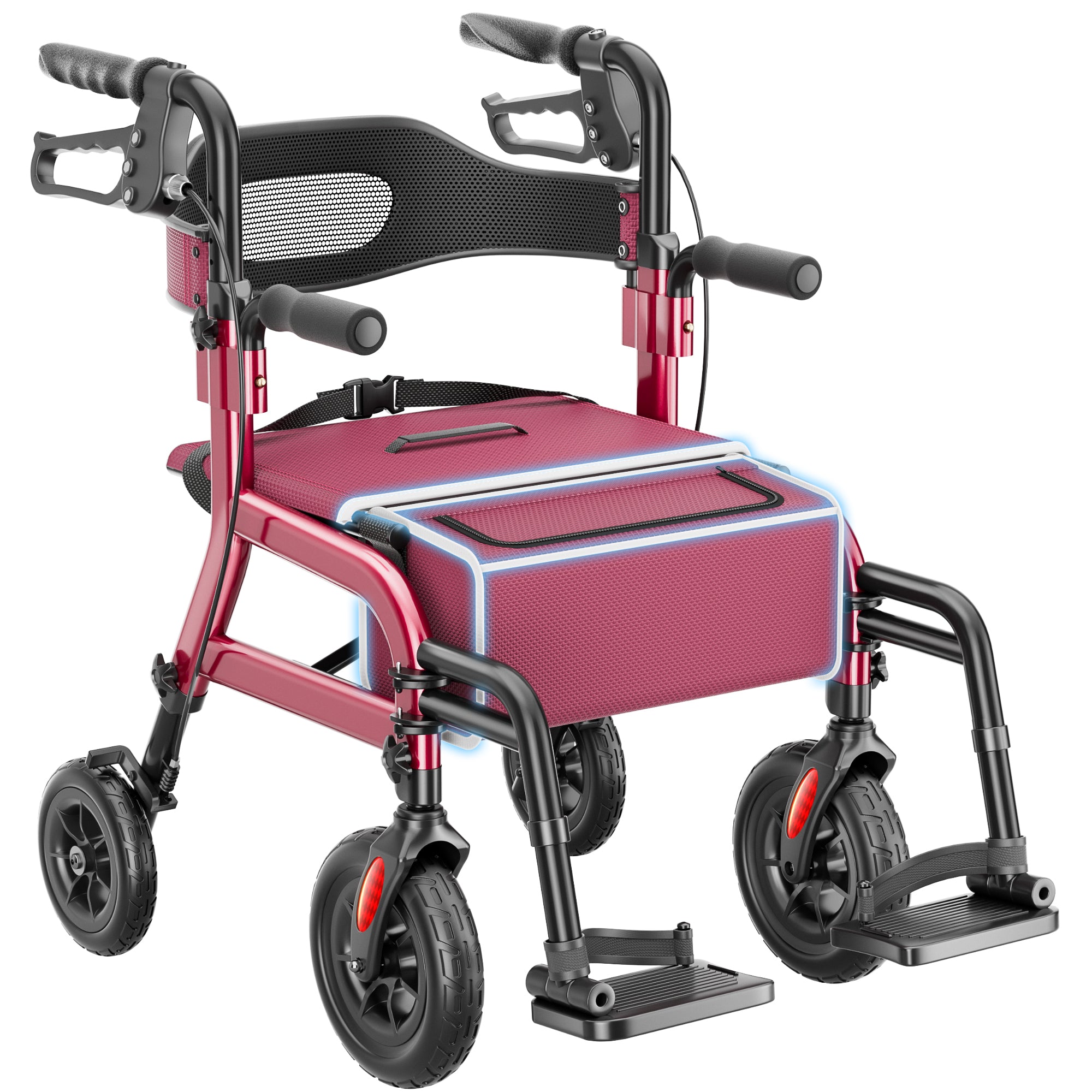 R12 HOMLAND Walkers for Seniors with Seat, Foldable 2 in 1 Rollator Walker Wheelchair Combo, 10" All Terrain Transport Chair with Brakes, Adjustable Seat & Handles, 350lb Capacity, Storage Bag