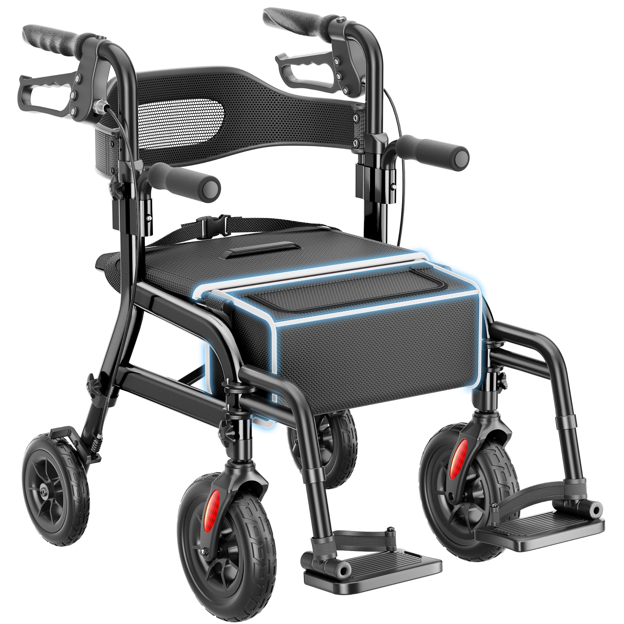 R12 HOMLAND Walkers for Seniors with Seat, Foldable 2 in 1 Rollator Walker Wheelchair Combo, 10" All Terrain Transport Chair with Brakes, Adjustable Seat & Handles, 350lb Capacity, Storage Bag