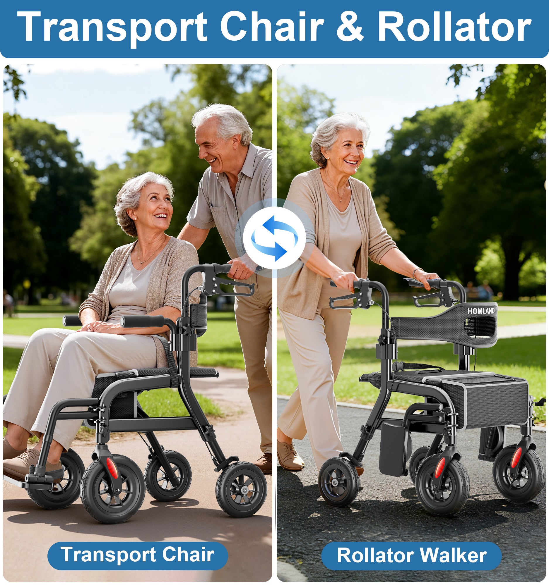 R12 HOMLAND Walkers for Seniors with Seat, Foldable 2 in 1 Rollator Walker Wheelchair Combo, 10" All Terrain Transport Chair with Brakes, Adjustable Seat & Handles, 350lb Capacity, Storage Bag