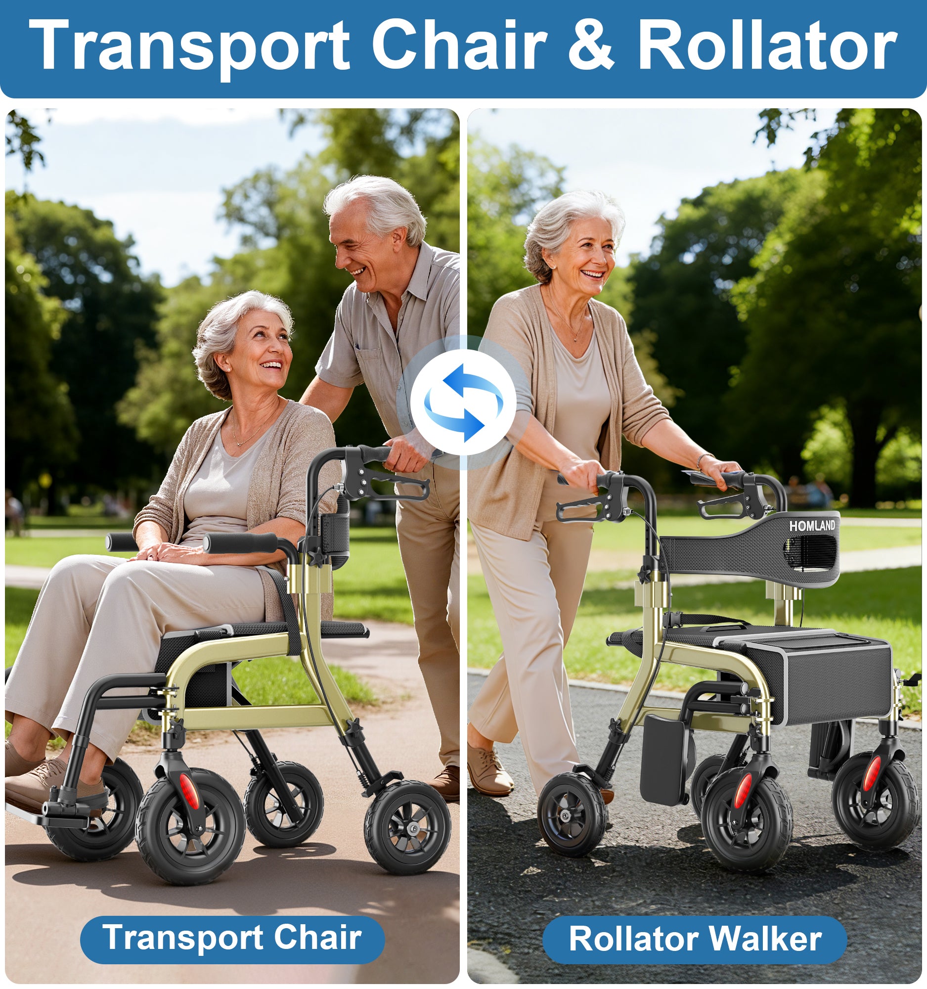 R12 HOMLAND Walkers for Seniors with Seat, Foldable 2 in 1 Rollator Walker Wheelchair Combo, 10" All Terrain Transport Chair with Brakes, Adjustable Seat & Handles, 350lb Capacity, Storage Bag