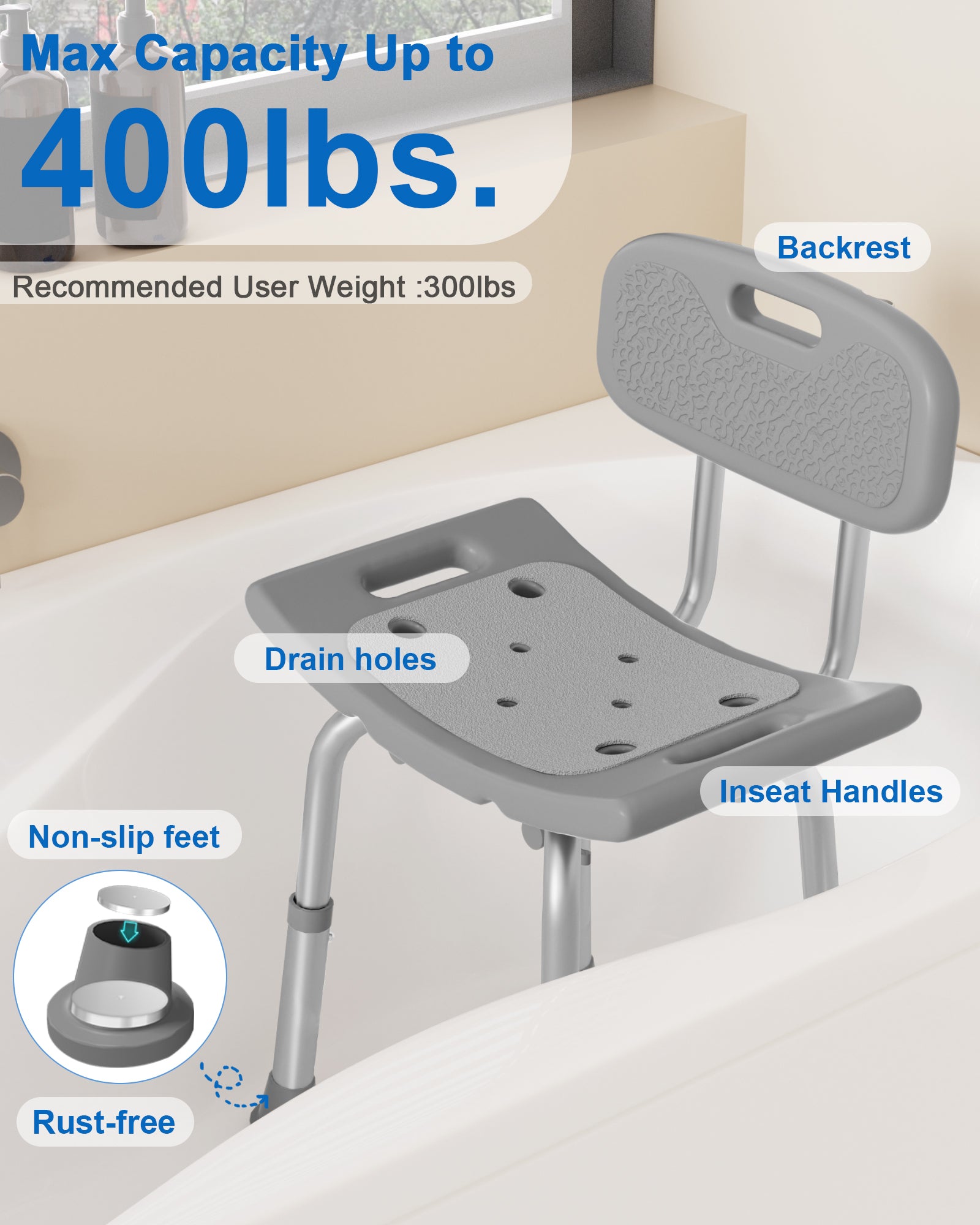 SHC10  Shower Chair for Inside Shower with Removable Back