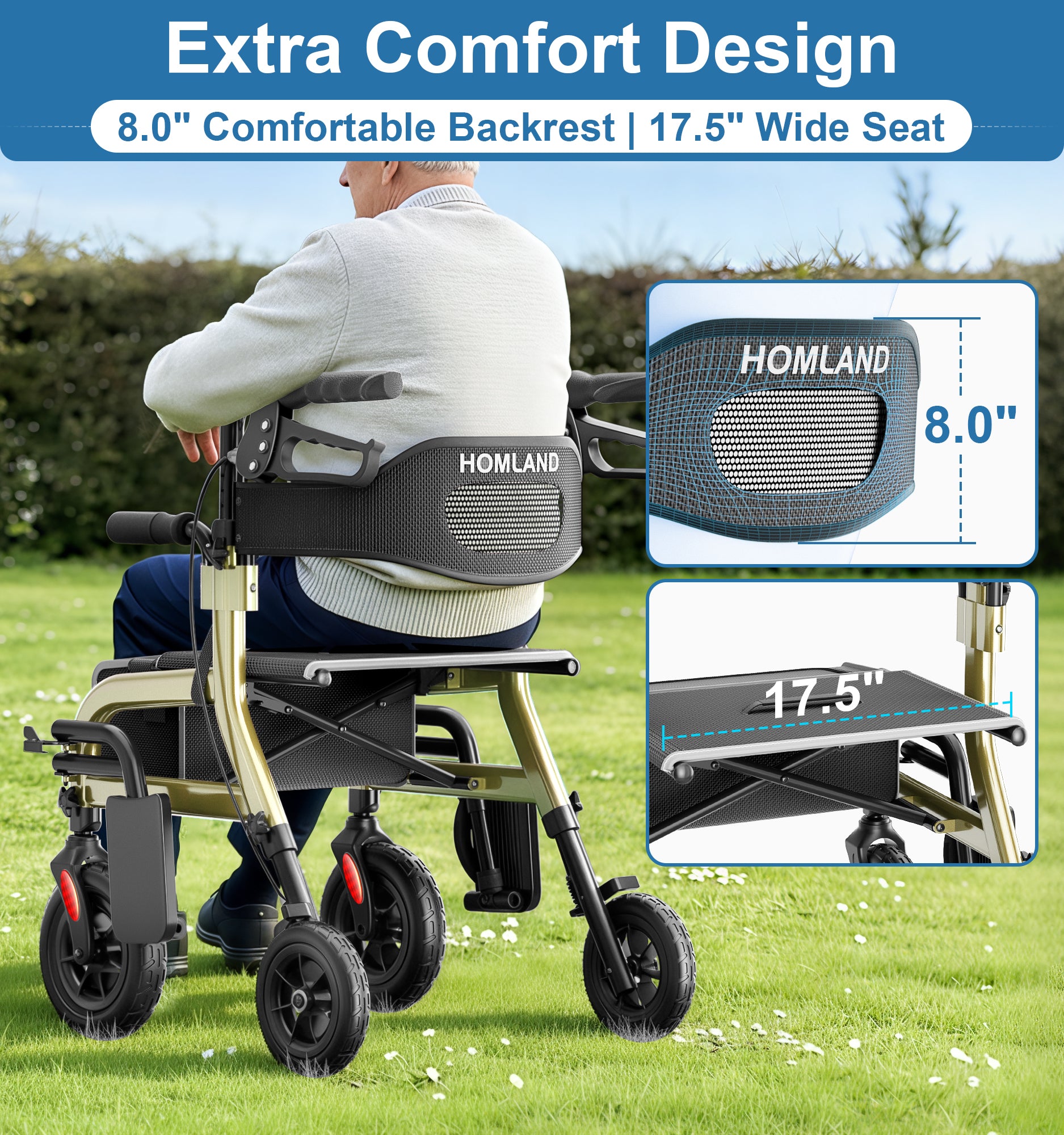 R12 HOMLAND Walkers for Seniors with Seat, Foldable 2 in 1 Rollator Walker Wheelchair Combo, 10" All Terrain Transport Chair with Brakes, Adjustable Seat & Handles, 350lb Capacity, Storage Bag