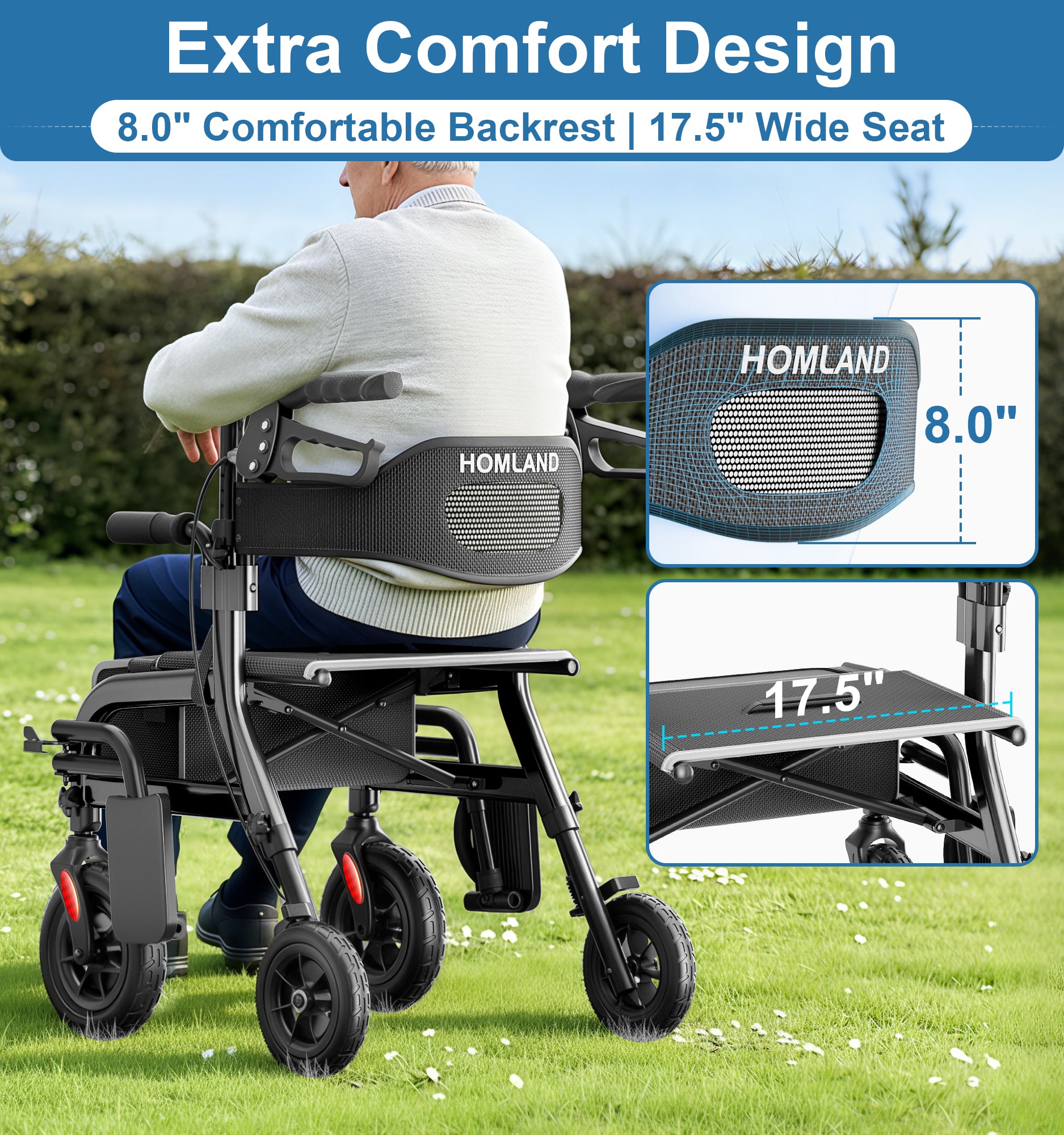 R12 HOMLAND Walkers for Seniors with Seat, Foldable 2 in 1 Rollator Walker Wheelchair Combo, 10" All Terrain Transport Chair with Brakes, Adjustable Seat & Handles, 350lb Capacity, Storage Bag