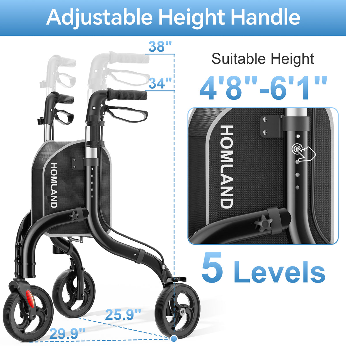 RW310 Ultra Lightweight 3-Wheel Rollator #Color_Black