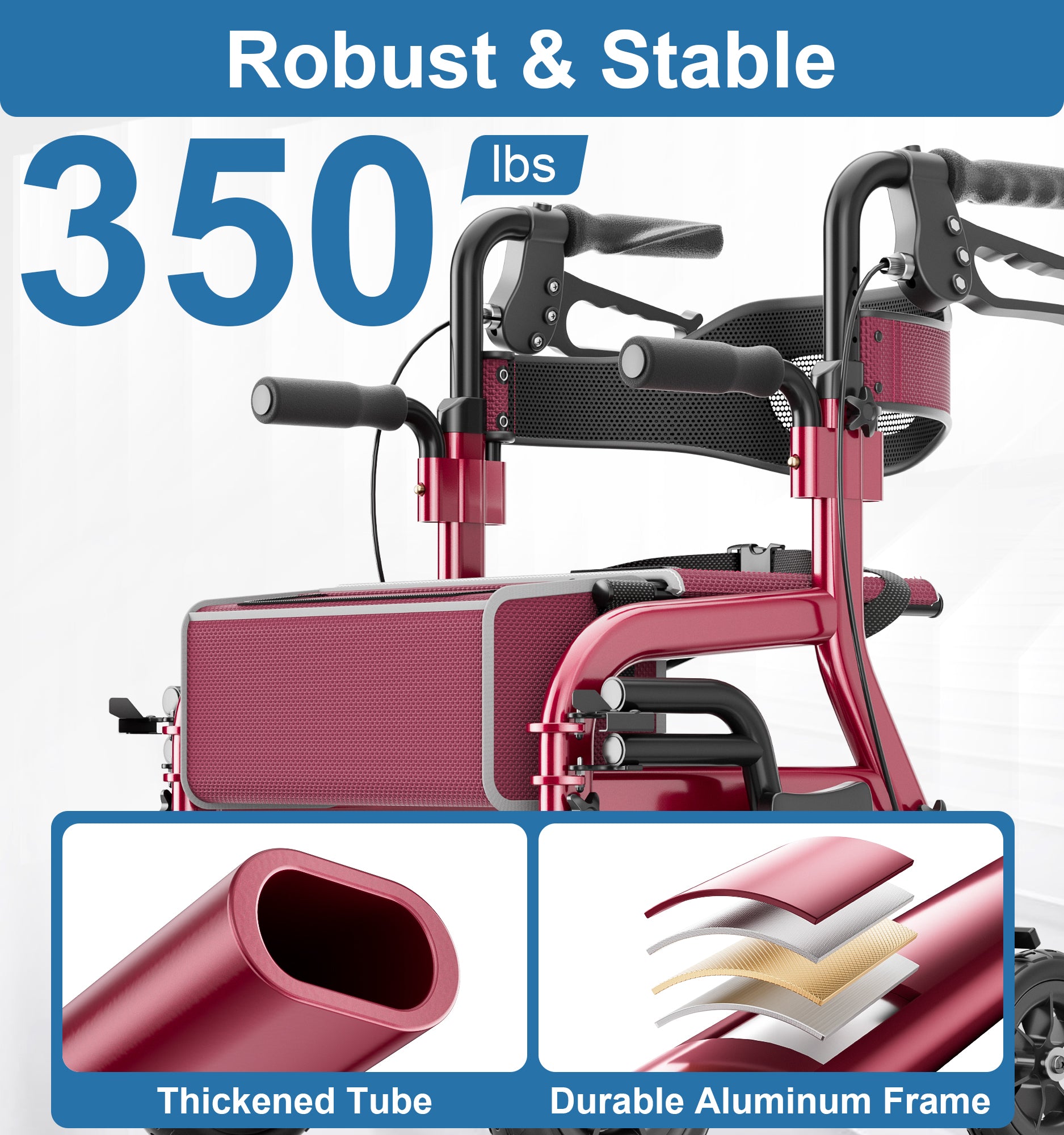 R12 HOMLAND Walkers for Seniors with Seat, Foldable 2 in 1 Rollator Walker Wheelchair Combo, 10" All Terrain Transport Chair with Brakes, Adjustable Seat & Handles, 350lb Capacity, Storage Bag